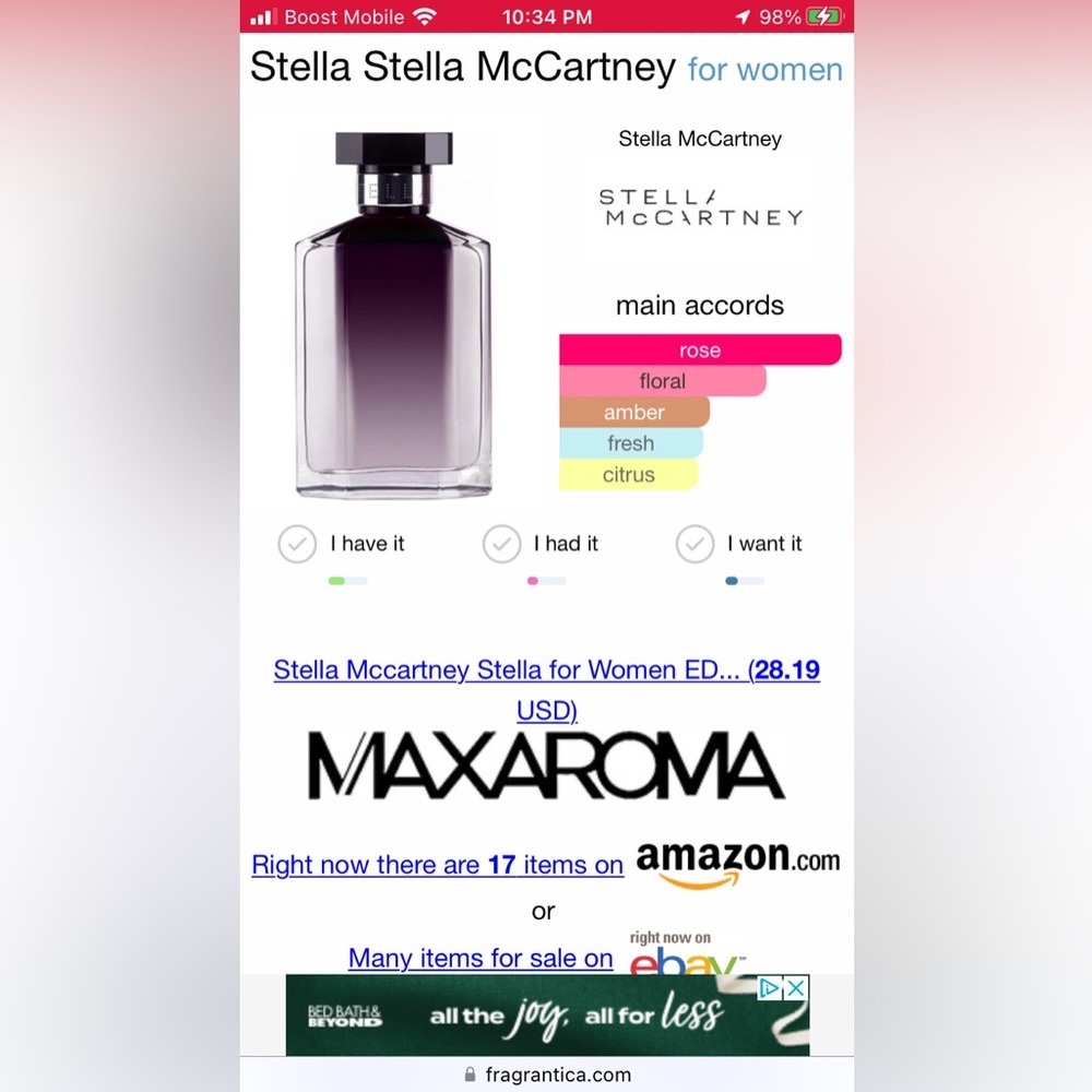 **SOLD**EUC Stella McCartney Stella Eau de Parfum 3.3Oz/100ml